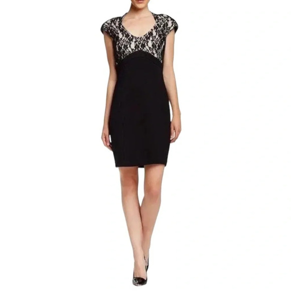 TED BAKER Briony Lace Overlay Dress Black Over Nude Structured Shoulders Size 6 - Picture 1 of 11